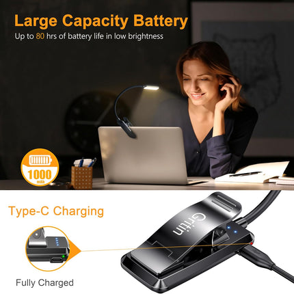 9 LED Rechargeable Book Light for Reading in Bed | Eye Caring 3 Color Temps,Stepless Dimming Brightness,80 Hrs Runtime Small Lightweight Clip on Book Reading Light for Studying