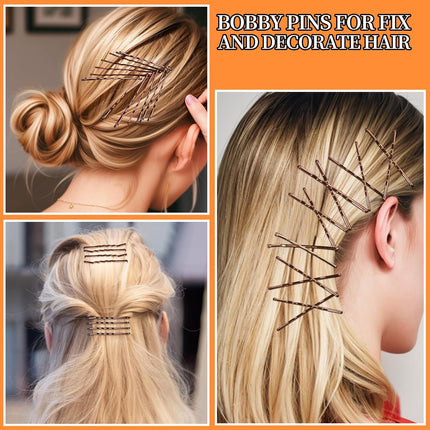 300Pcs Bobby Pins Hair Pins Kit, 100 Hair Pin for Women 100 Bobby Pins Brown and 100 Hair Bands, Hair Pins for Buns 2Inch 2.36Inch 2.75Inch