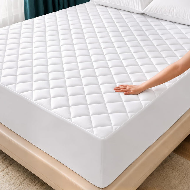 Quilted Fitted Mattress Pad, Queen Mattress Protector Topper with Deep Pocket Stretches up to 16 Inches, Machine Washable Mattress Cover by  (White)