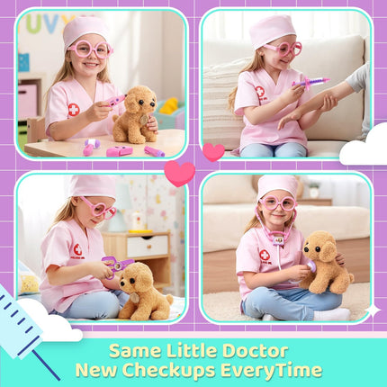 Toy Doctor Kit for Girls, Pretend Play Toy Doctor Set with Dog , Carrying Bag, Stethoscope & Dress up Costume Gift for Kids Toddlers Ages 3 4 5 6 Year Old for Role Play