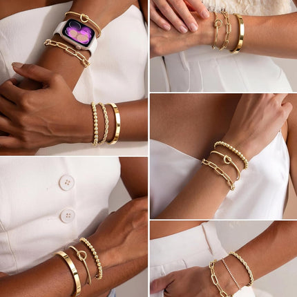 Gold Bracelets Set for Women Non Tarnish, Waterproof 14K Gold Plated Sterling Silver Chunky Cuff Bracelet Stackable Gold Bangles Bracelet for Women Trendy Fashion Accessories Tie Knot Cuban Rope Paperclip Beaded Bracelet Stack Jewelry Mothers Day Gifts for Mom Birthday