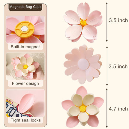 4 Pack Flower Blossom Magnetic Bag Clips, Cute Cherry Blossom Fridge Magnets, Pink Snack Food Sealer, 27 Detachable Petal Bag Clips