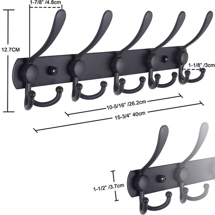 Coat Rack Wall Mounted - 5 Tri Hooks, Heavy Duty, Stainless Steel, Metal Coat Hook Rail for Coat Hat Towel Purse Robes Mudroom Bathroom Entryway (Black, 2 Packs)