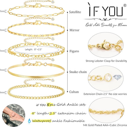 Gold Ankle Bracelets for Women, 14K Gold Plated Waterproof Cuban Link Chain Anklets Set, Layered Anklet Bracelets for Women Beach Gift Adjustable Size 5Pcs
