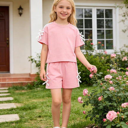 Toddler Girl Clothes 2 Piece Girls Summer Outfits White Bows Short Sleeved Top + Shorts Cute Clothing Set 3T-8Y