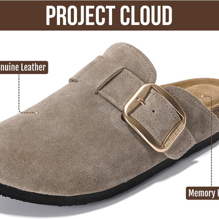 100% Genuine Leather Clogs for Women Shoes - Memory Foam Insole, Non-Slip & Natural Cork Footbed Arch Support Big Buckle Womens Clogs and Mules Footwear (Manchester)