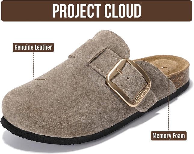 100% Genuine Leather Clogs for Women Shoes - Memory Foam Insole, Non-Slip & Natural Cork Footbed Arch Support Big Buckle Womens Clogs and Mules Footwear (Manchester)