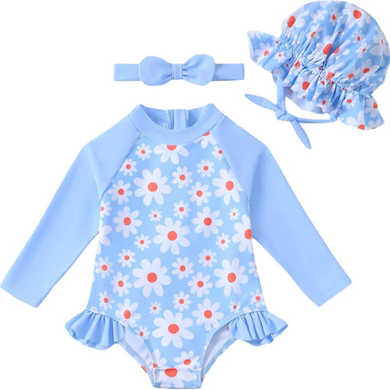 Baby Girl Swimsuit Long Sleeve One-Piece Swimwear with Hat Rash Guard Ruffle Floral Zipper Beach Infant Bathing Suit