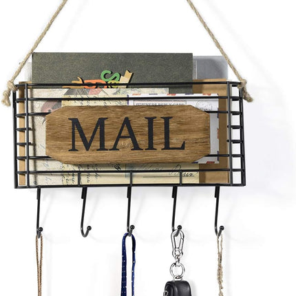 Mail Organizer Wall Mount, Rustic Mail Holder Key Holder for Wall with Hooks, Small Size, Carbonized Black
