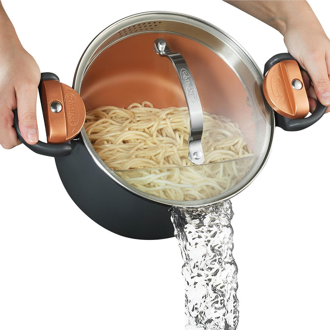 5 Quart Stock Pot Multipurpose Pasta Pot with Strainer Lid & Twist and Lock Handles, Nonstick Ceramic Surface Makes for Effortless Cleanup with Tempered Glass Lid, Dishwasher Safe | Twist and Lock Handles, Non Toxic Ceramic Non Stick Coating, for Cooking Soup, Spaghetti, Rice, Dishwasher Safe - Copper