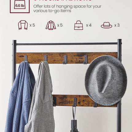 VASAGLE Coat Rack, Hall Tree with Shoe Storage Bench, Entryway Bench with Shoe Storage, 3-In-1, Steel Frame, for Entryway, 12.6 X 27.6 X 68.9 Inches, Industrial, Rustic Brown and Black UHSR41BX