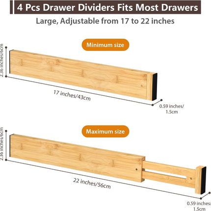 4 PCS Drawer Divider, 17"-22" Adjustable Bamboo Drawer Dividers Organizers, Expandable Separators for Kitchen, Clothes, Dressers, Home, Office