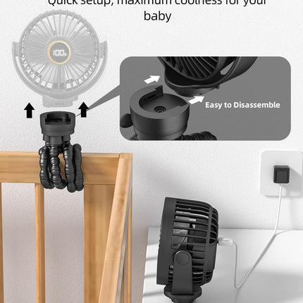 Portable Stroller Mini Fan, Small Rechargeable Personal Fan, Baby Travel Essentials for Wagon, Car Seat, Treadmill, Battery Powered Biking Gear Accessories, 360° Rotation, 3-Speed, Display, Black