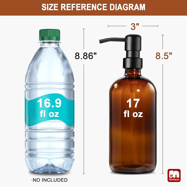 Amber Glass Soap Dispenser, 2 Pack Bathroom Hand Soap Dispensers with Stainless Steel Pump, 17 Fl Oz Kitchen Hand and Dish Soap Dispenser Set, Modern Vintage Liquid Brown Soap Dispensers Bottle