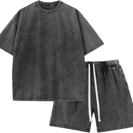 Boys Summer Outfits Acid Wash Short Sets 2 Piece Matching Clothes Set | Soft Cotton,Acid Wash,Relaxed Tee & Drawstring Shorts Set,Casual Streetwear