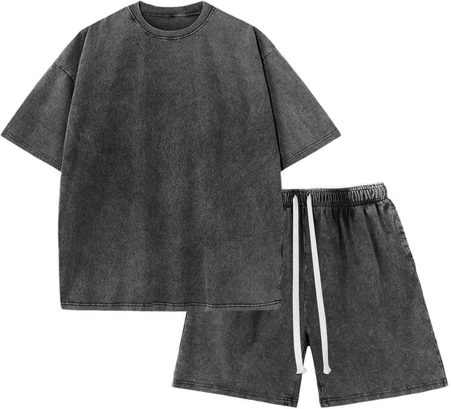 Boys Summer Outfits Acid Wash Short Sets 2 Piece Matching Clothes Set | Soft Cotton,Acid Wash,Relaxed Tee & Drawstring Shorts Set,Casual Streetwear