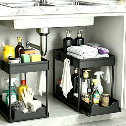 under Sink Organizer 2 Pack, Bathroom Cabinet Organizer, 2 Tier Sliding Cabinet Basket Organizer Drawer, Multi-Purpose Bath Collection Baskets for Bathroom (Black)