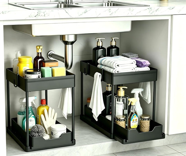 under Sink Organizer 2 Pack, Bathroom Cabinet Organizer, 2 Tier Sliding Cabinet Basket Organizer Drawer, Multi-Purpose Bath Collection Baskets for Bathroom (Black)