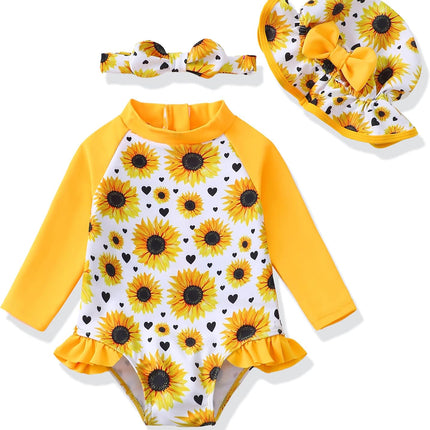 Baby Girl Swimsuit Long Sleeve One-Piece Swimwear with Hat Rash Guard Ruffle Floral Zipper Beach Infant Bathing Suit