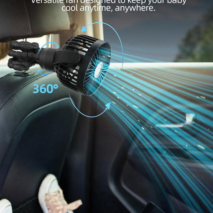 Portable Stroller Mini Fan, Small Rechargeable Personal Fan, Baby Travel Essentials for Wagon, Car Seat, Treadmill, Battery Powered Biking Gear Accessories, 360° Rotation, 3-Speed, Display, Black