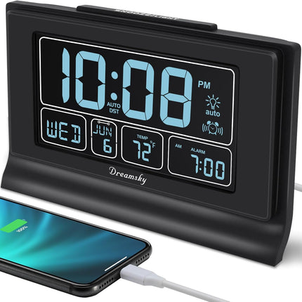 Alarm Clocks for Bedrooms with Battery Backup, Auto Set | Digital Clock with Date & Day of Week, 5 Inch Large Display, Weekday, Temperature, USB Port, Auto DST, Brightness Dimmer