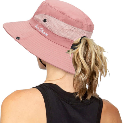 Women'S Outdoor Uv-Protection-Foldable Sun-Hats Mesh Wide-Brim Beach Fishing Hat with Ponytail-Hole