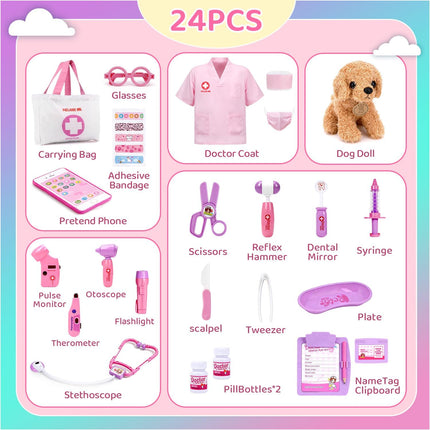 Toy Doctor Kit for Girls, Pretend Play Toy Doctor Set with Dog , Carrying Bag, Stethoscope & Dress up Costume Gift for Kids Toddlers Ages 3 4 5 6 Year Old for Role Play