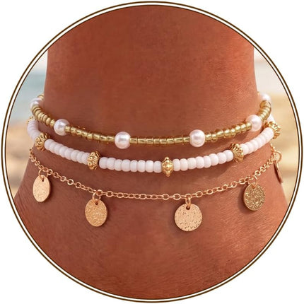 Shell Ankle Bracelet Set for Women, Gold Plated Boho Bead Adjustable Anklet, Hawaiian Beach Seashell Pearl Heart Starfish Conch Foot Jewelry Gifts