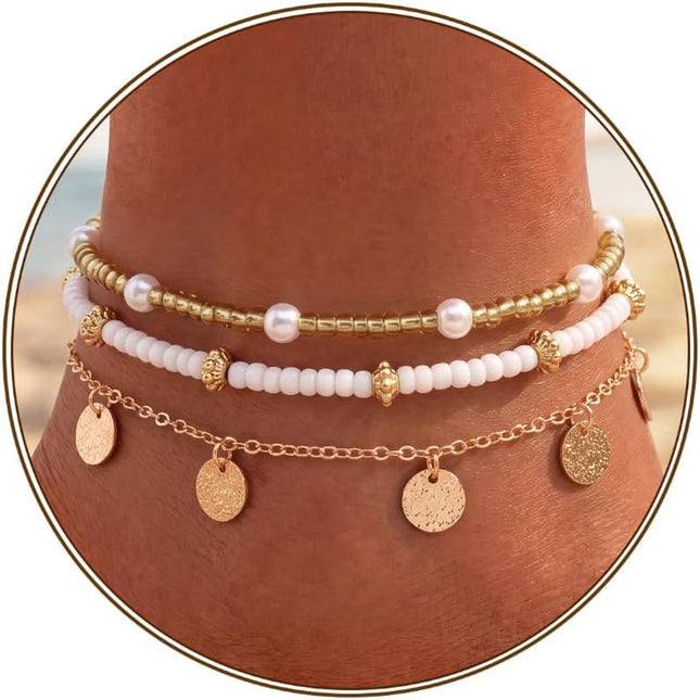 Shell Ankle Bracelet Set for Women, Gold Plated Boho Bead Adjustable Anklet, Hawaiian Beach Seashell Pearl Heart Starfish Conch Foot Jewelry Gifts