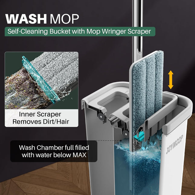 Wall Mop and Bucket Set, Hands-Free Flat Floor Mop with 3 Washable Microfiber Pads, Wet and Dry Use, Ideal for Home and Commercial Floor Cleaning