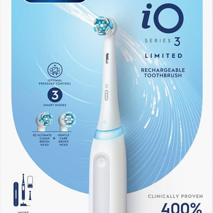 Rechargeable Electric Toothbrush, Io3 Limited Deep Clean, 3 Cleaning Modes, Visual Pressure Sensor to Protect Gums, 2 Brush Heads, Travel Case, White