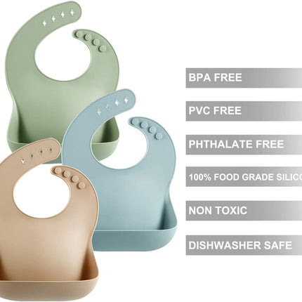 Set of 3 Silicone Baby Bibs Waterproof, Soft, Unisex, 10-72 Months