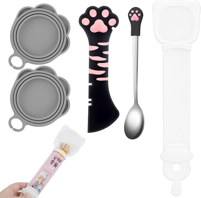 5 PCS Cat Food Can Covers Lids Set, Silicone Pet Food Can Lids with Multi-Function Cat Food Spoon and Opener, Cat Bar Squeezer, Stainless Steel Wet Food Spoon for Cats and Dogs (Pink) (Black Pink)