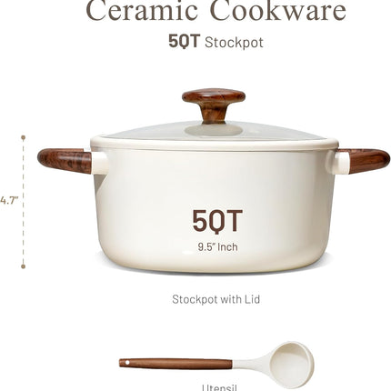 5QT Nonstick Stock Pot with Lid, 5 Quart Casserole with Ladle, Even Heating Stockpot, Fits All Stoves, Non Stick Big Cooking Pots PFOA Free, White