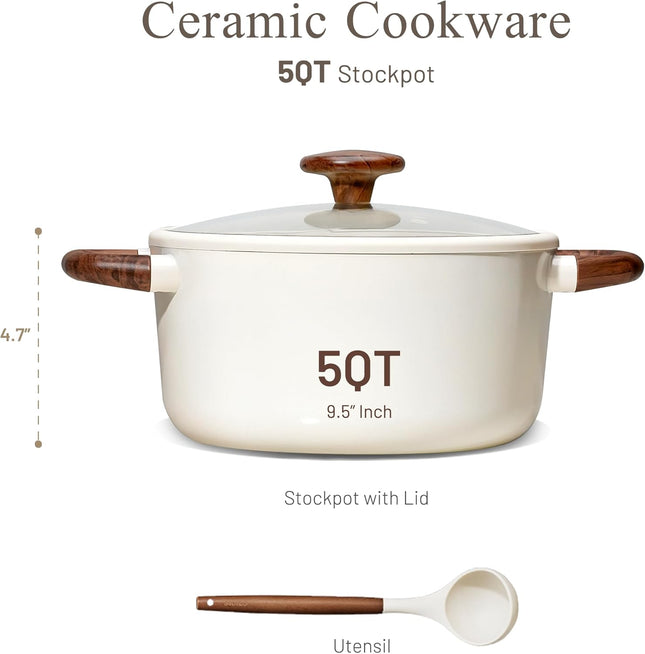 5QT Nonstick Stock Pot with Lid, 5 Quart Casserole with Ladle, Even Heating Stockpot, Fits All Stoves, Non Stick Big Cooking Pots PFOA Free, White