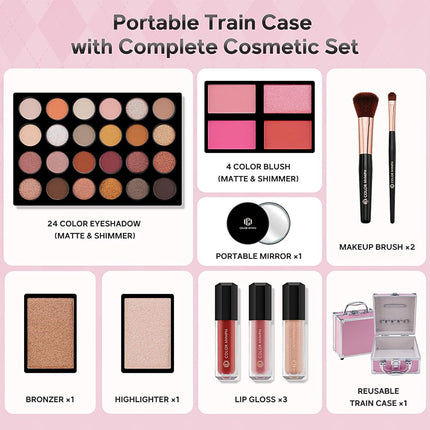 Beginner Makeup Kit for Teens with the Small Cosmetic Train Case Included 24-Colors Eyeshadow Palette Blushes Bronzer Highlighter Lipstick Brushes Mirror(Pink)