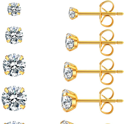6 Pairs Stud Earrings Set, Hypoallergenic Cubic Zirconia 316L Earrings Stainless Steel CZ Earrings 3-8Mm (Steel Color)