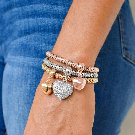 Crystal Charms Multilayer Bracelets - 3PCS Gold/Silver/Rose Gold Corn Chain Bracelet for Women, Tree of Life Heart Shaped Stretch Bracelet