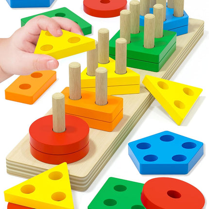 Montessori Toys for 1 2 3 Year Old Boy Girl, Toys for Ages 2-4 Toddlers Kids Baby, 1 2 Year Old Boy Girl Birthday Gifts, Wooden Learning Puzzles Shape Sorter Toys for Toddlers 1-3
