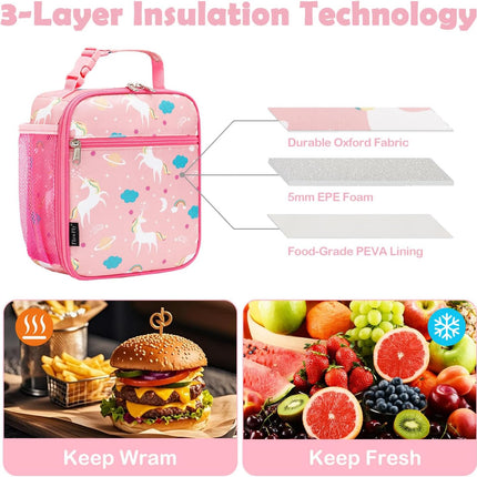 Kids Lunch Box Insulated Soft Bag Mini Cooler Back to School Thermal Meal Tote Kit for Girls, Boys, Unicorn