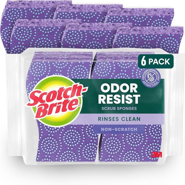 Scotch-Brite Odor Resist Non-Scratch Scrub Sponge, Dishwasher-Safe Kitchen Sponges That Resist Bacterial Odors, Multipurpose Dish Sponge for Gentle Cleaning, 6 Dish Sponges