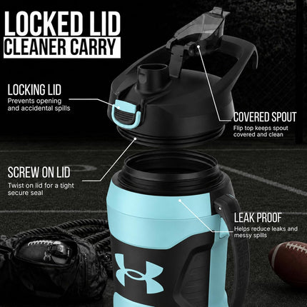 Insulated Water Bottle with Handle & Fence Hook, Half Gallon Sports Water Jug, Leak-Resistant & Bpa-Free for Baseball, Football & Gym - Breeze Blue/Black, 64Oz