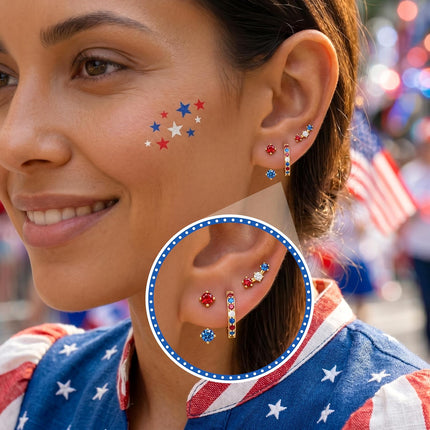 3 Pairs Dainty Small 4Th of July Earrings for Women Trendy, Birthstone Stud Huggie Hoop Jacket Stack for Cartilage Helix, Gold Plated Hypoallergenic Cute Women Fashion Accessories Western Jewelry Gifts