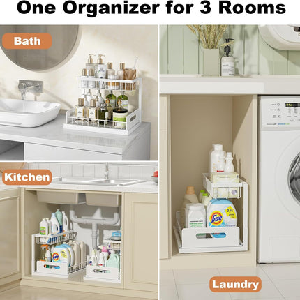 under Sink Organizer, Pull Out Cabinet Organizer 2 Tier Slide Out Sink Shelf Cabinet Storage Shelves, under Sink Storage for Kitchen Bathroom Cabinet, White, 1 Pack