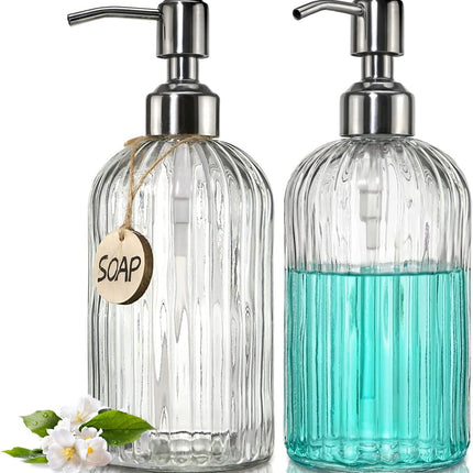 2PACK 18 Oz Glass Soap Dispenser with Rust Proof Stainless Steel Pump, Refillable Hand Soap Dispenser with Vertical Stripe, Premium Bathroom Soap Dispenser for Kitchen & Bathroom