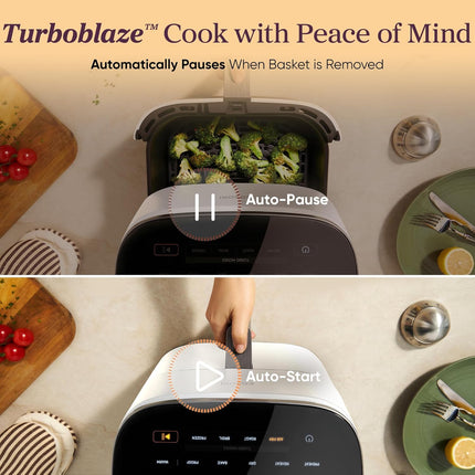 9-In-1 Turboblaze Air Fryer 6 Qt, Smart Control, 90°–450°F, Shake Reminders, Precise Heating for Even Results, Air Fry, Roast, Bake, Broil, Dry, Frozen, Proof, Reheat, Keep Warm, 120V, Cream