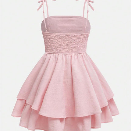 Girl'S Flowy Cami Dress Ruched Sleeveless Pink Layered Ruffle Kawaii Short Smocked Summer Dresses