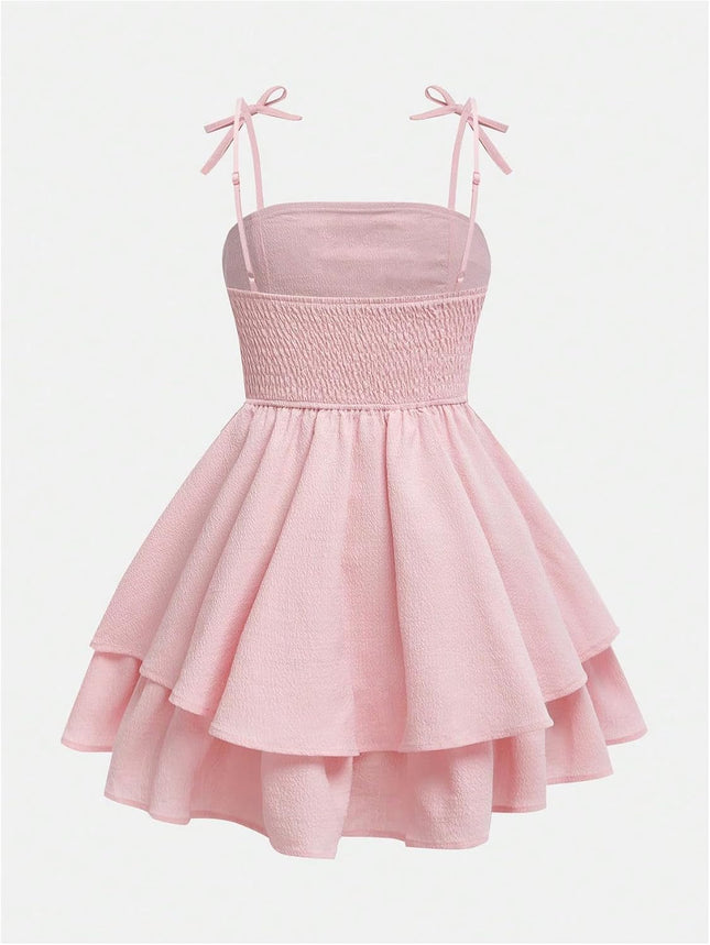 Girl'S Flowy Cami Dress Ruched Sleeveless Pink Layered Ruffle Kawaii Short Smocked Summer Dresses