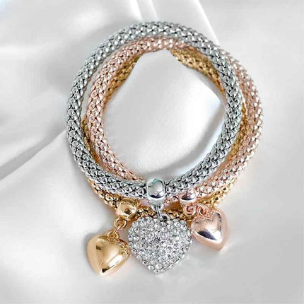 Crystal Charms Multilayer Bracelets - 3PCS Gold/Silver/Rose Gold Corn Chain Bracelet for Women, Tree of Life Heart Shaped Stretch Bracelet