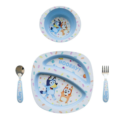 Bluey 4-Piece Place Setting - BPA Free Dishwasher Safe Toddler Dinnerware Set with Divided Plate, Bowl, Fork, Spoon - Multicolor